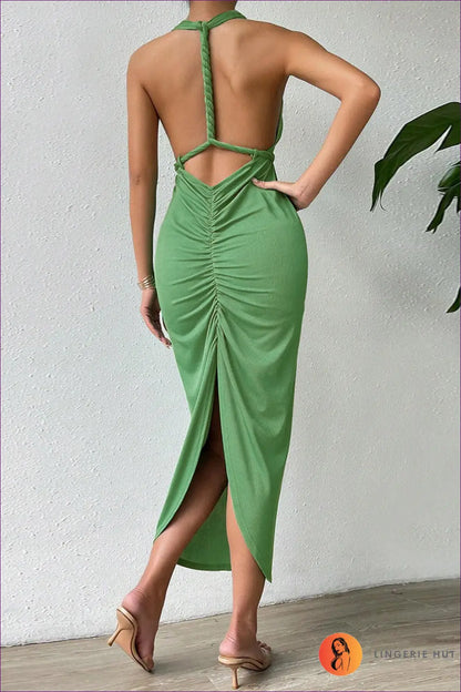 Make a Glamorous Statement In Our Elegant V-neck Maxi Dress. The Alluring Backless Tie Design And Slim Fit