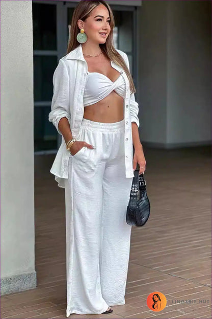Elegant White 3-piece Set: Knot Crop Top Button-down Shirt & Wide-leg Pants