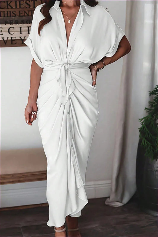 Elegant White Draped Midi Dress - Timeless Chic