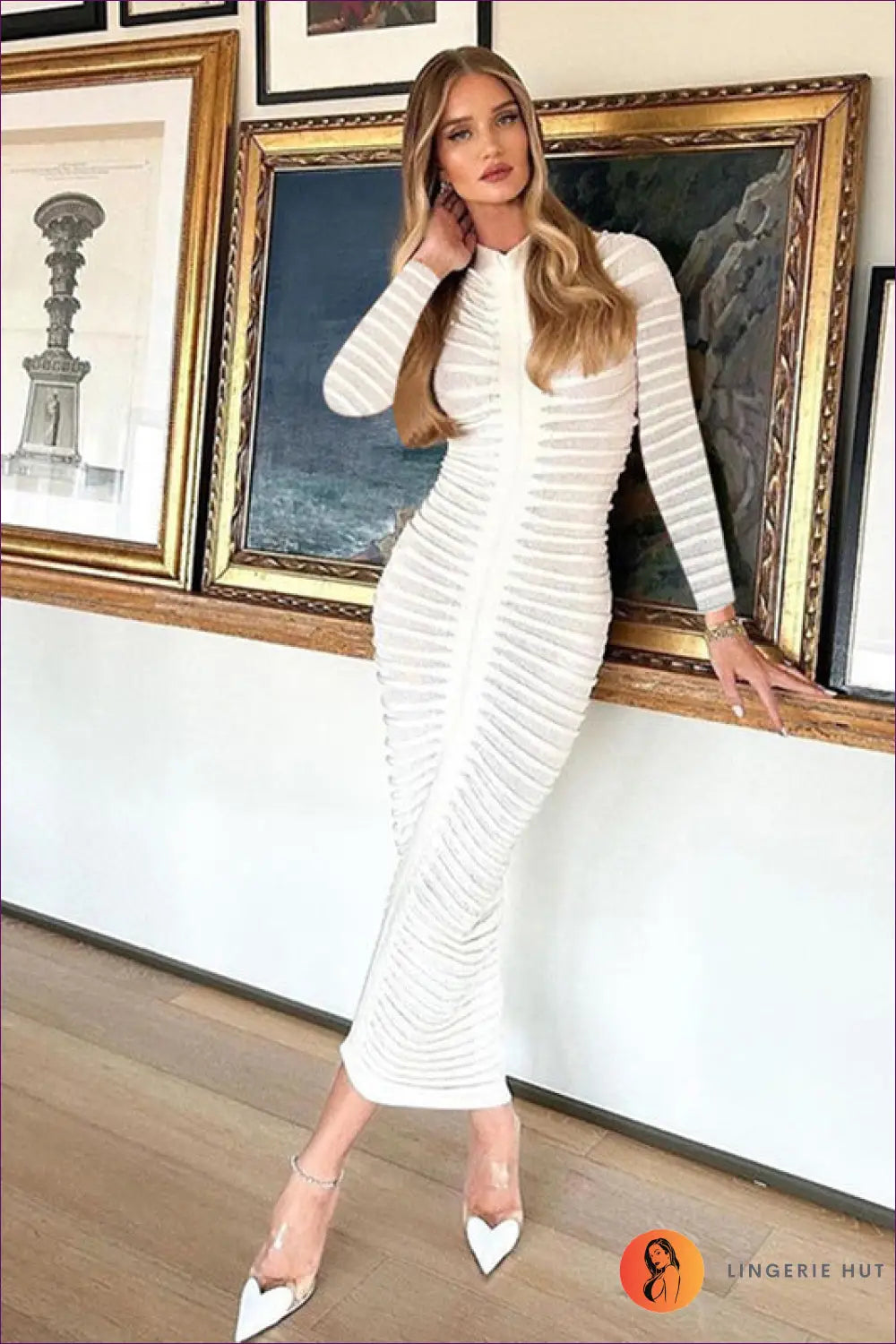 Elegant White Ribbed Bodycon Midi Dress - Sleek Sophistication for Bodycon, Bridal, Date Night, Dress, Glamour