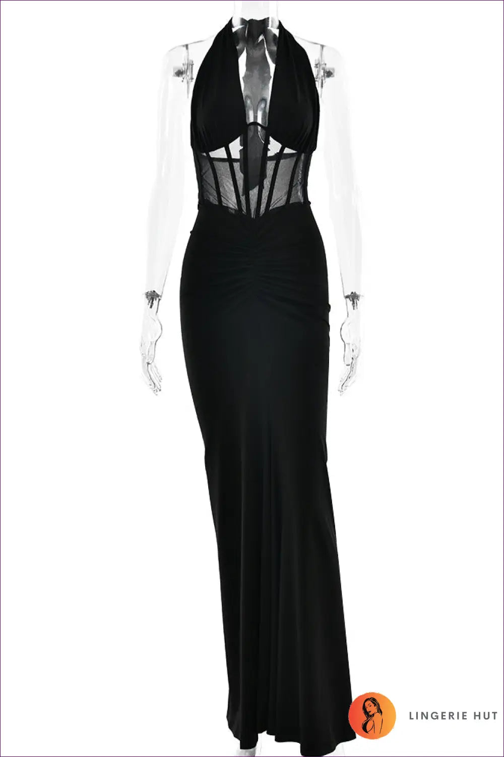 Halter Lace-up Maxi Dress - Corset Mesh Bodice - s / Black - Julissa