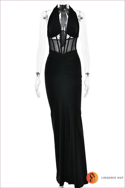 Halter Lace-up Maxi Dress - Corset Mesh Bodice - s / Black - Julissa