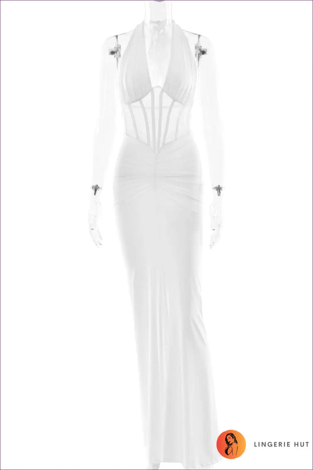 Halter Lace-Up Maxi Dress - Corset Mesh Bodice