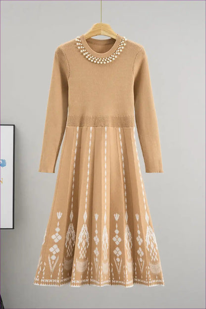 Embellished Knit Midi Dress with Geometric Pattern for a Line, Autumn, Dresses, Evening Wear, Everyday