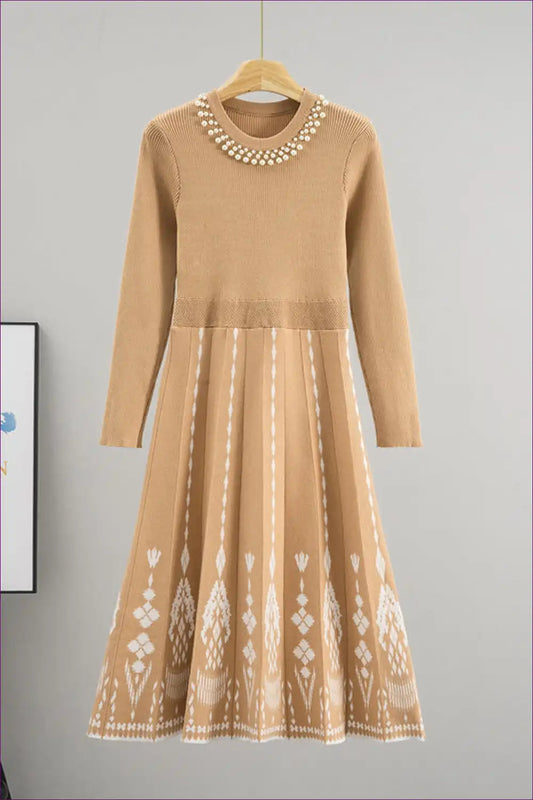 Embellished Knit Midi Dress with Geometric Pattern for a Line, Autumn, Dresses, Evening Wear, Everyday