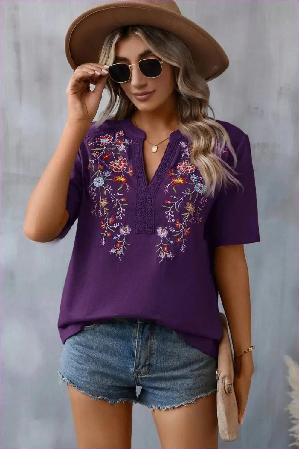 Embroidered Boho Top with V-neck - Effortless Summer Ease - s / Purple - Crop Tops - Lingerie Hut - Casual • Cotton