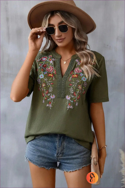 Embroidered Boho Top with V-neck - Effortless Summer Ease - s / Green - Crop Tops - Lingerie Hut - Casual • Cotton