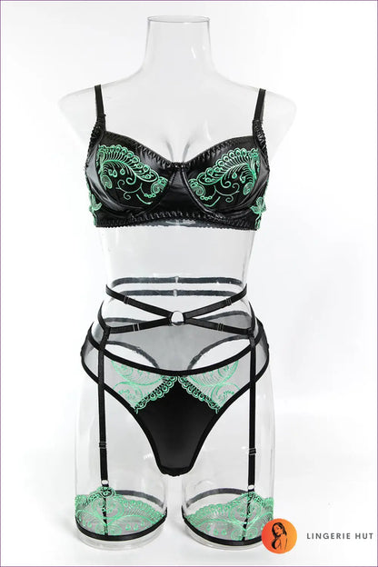 Embroidered Bra Set with Floral Lace - Quiet Confidence - s / Black Green - Lingerie Hut - All Season • Boudoir