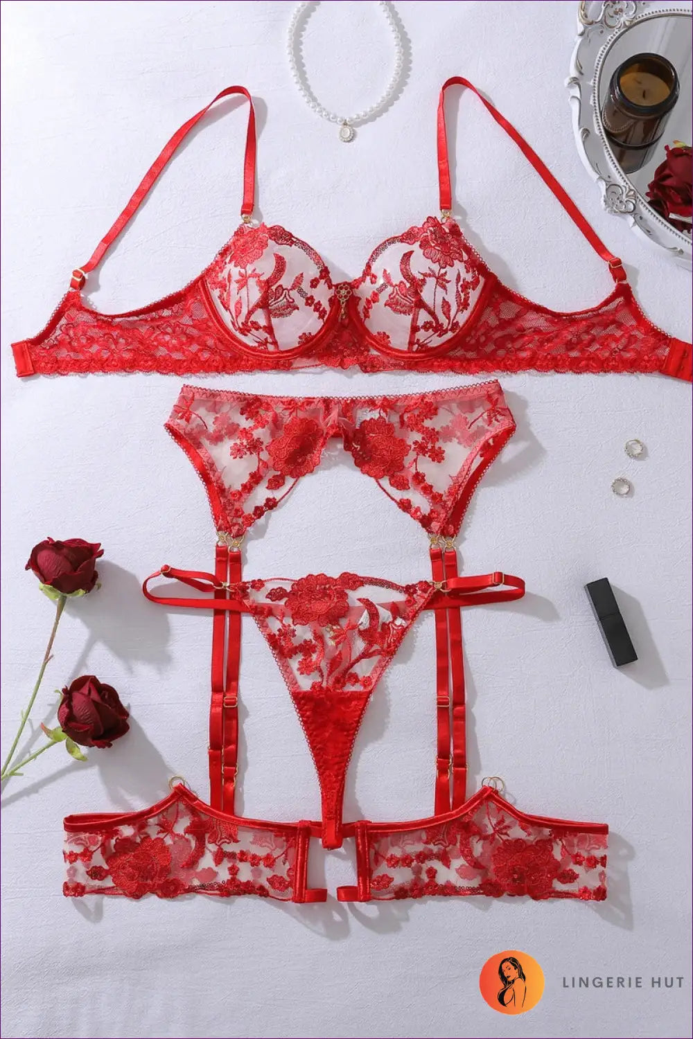 Embroidered Bra Set with Floral Mesh - Festive Nights in - Red Sequin / s - All Season • Boudoir • Evening Wear