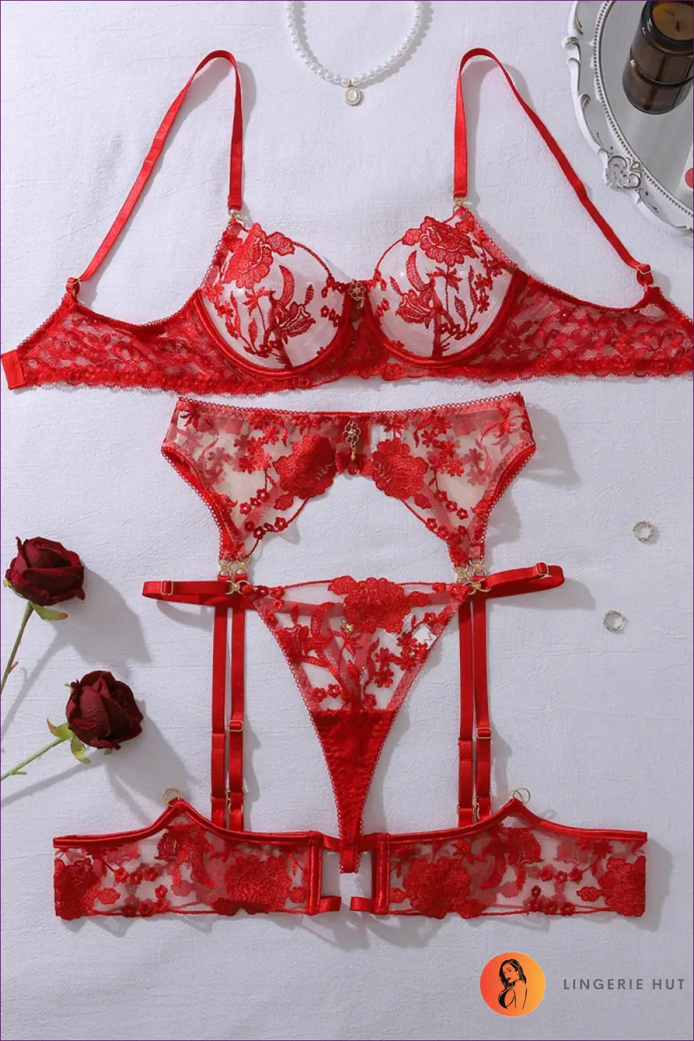 Embroidered Bra Set with Floral Mesh - Festive Nights in - Red / s - All Season • Boudoir • Evening Wear • Lingerie Hut