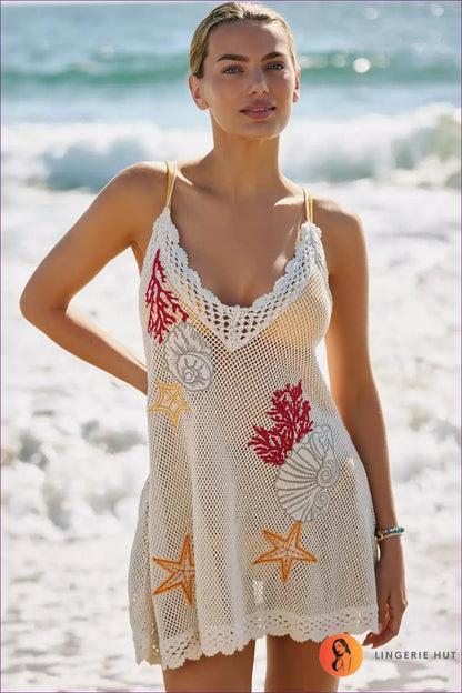 Embroidered Crochet Beach Dress with Scalloped Trim - Coastal Charm - s / Ivory - Beachwear • Boho • Casual • Cover Up