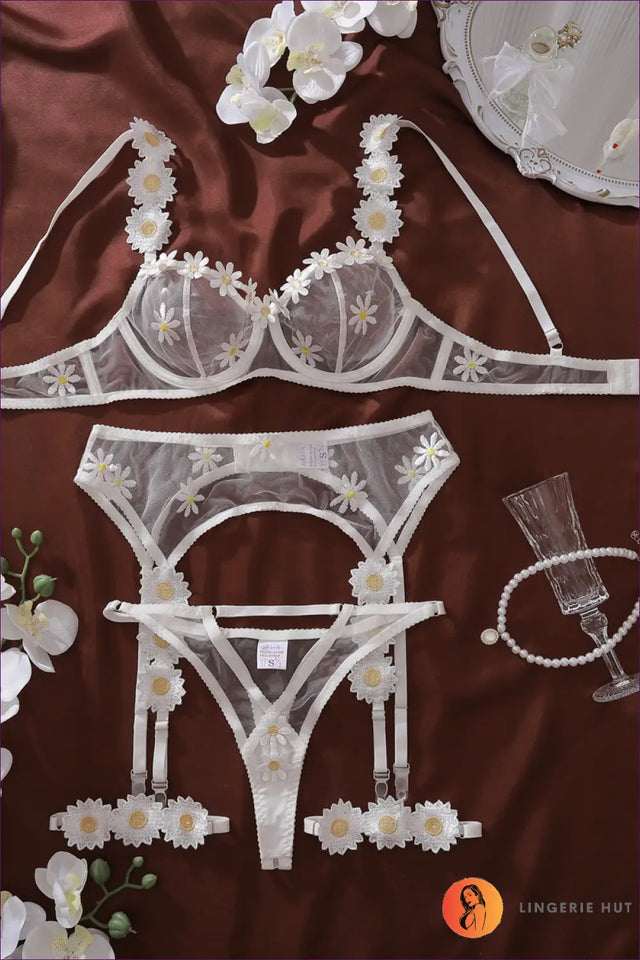 Embroidered Daisy Mesh Bra Set with Strappy Details - Spring Fantasy
