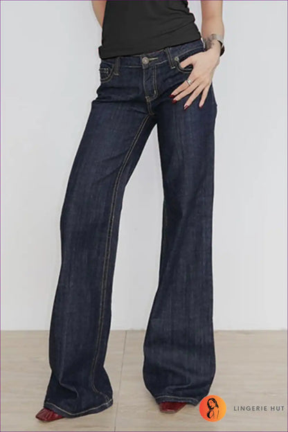 Embroidered Flared Low-rise Jeans - Retro with an Edge for Casual, Denim, Everyday, N, Navy