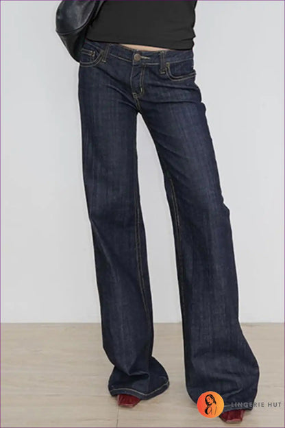 Embroidered Flared Low-rise Jeans - Retro with an Edge for Casual, Denim, Everyday, N, Navy