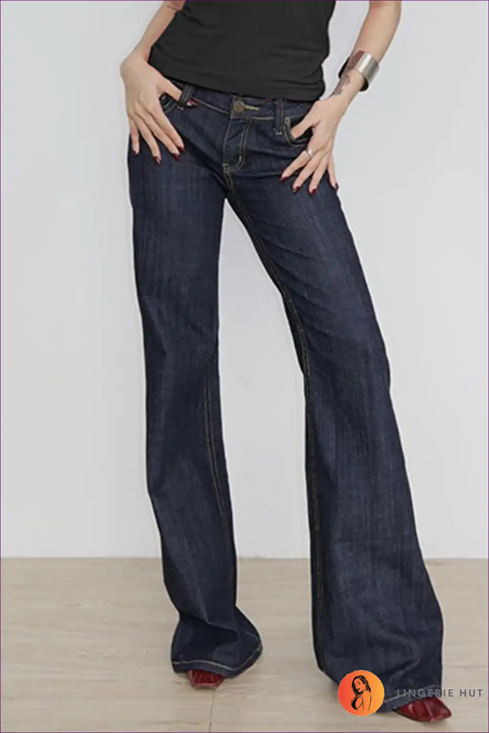 Embroidered Flared Low-rise Jeans - Retro with an Edge for Casual, Denim, Everyday, N, Navy