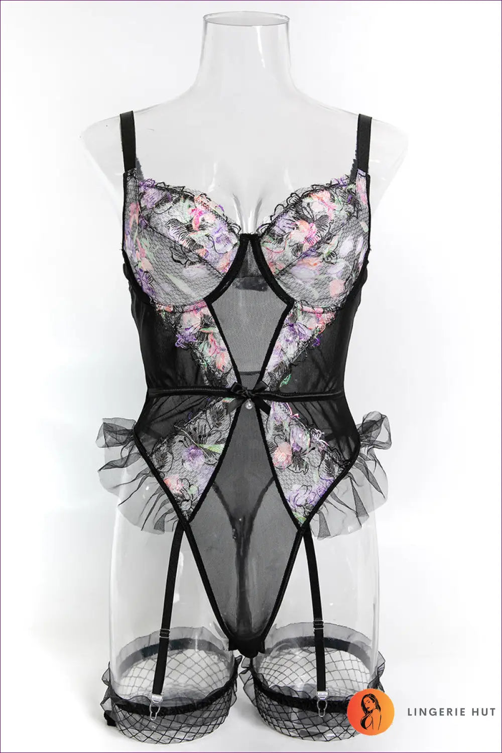 Embroidered Floral Bodysuit with Cutout - the Boudoir Edit - s / Black - Lingerie - Hut