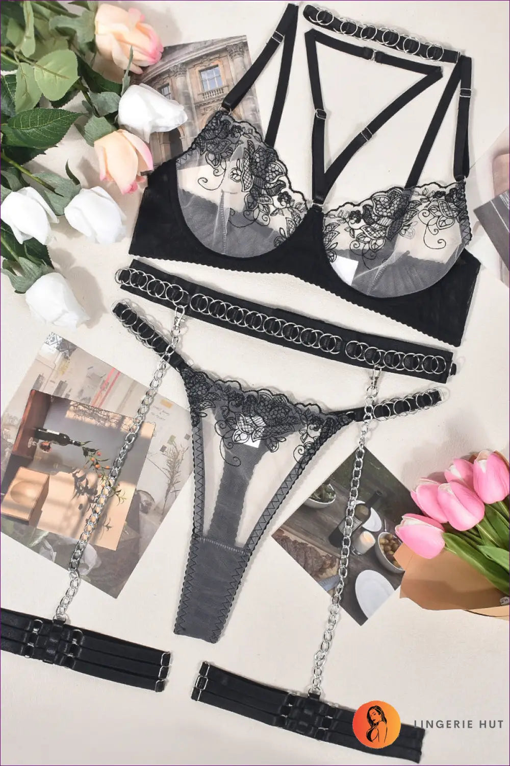 Upgrade Your Lingerie Collection With Our Embroidered Floral Halter Neck Ring Lingerie Set. Exquisite Metal