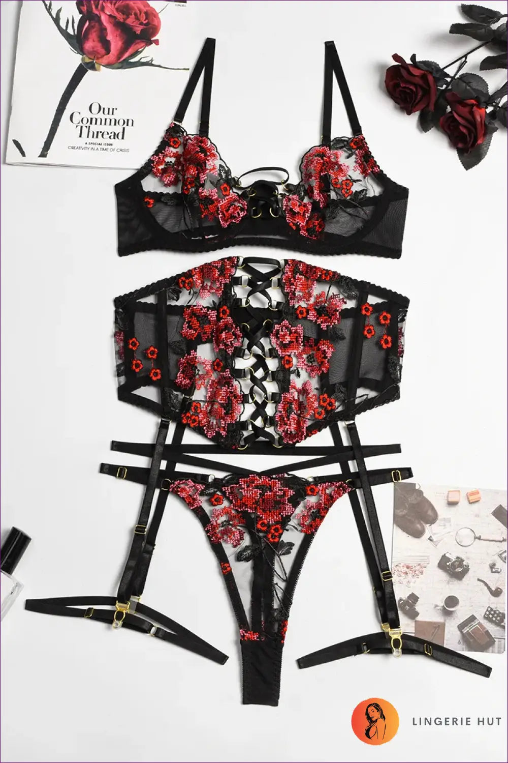 Embroidered Floral Lace Bra Set - Worth a Second Look - Red / s - Boudoir • Corset • Date Night • Evening Wear