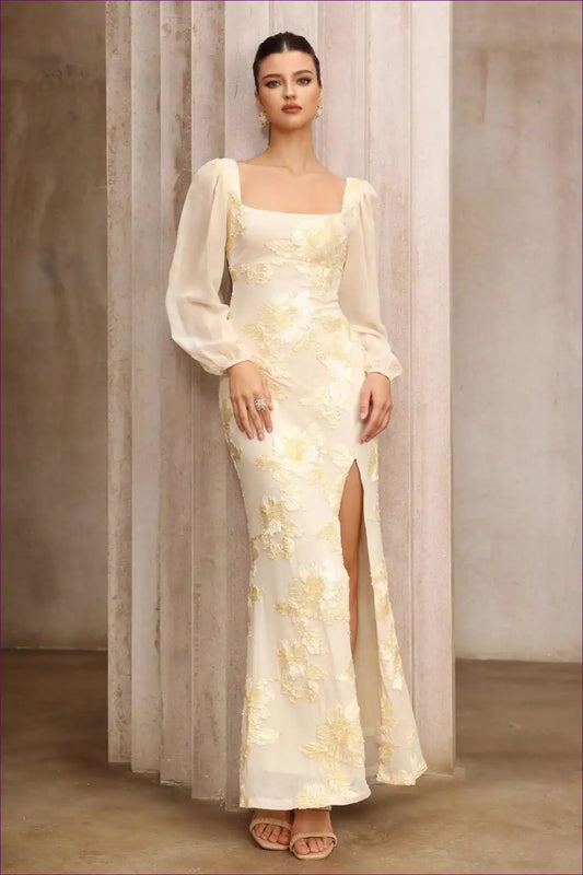 Embroidered Floral Maxi Dress with Square Neck - Modern Romance for Autumn, Evening Wear, Floral, Formal