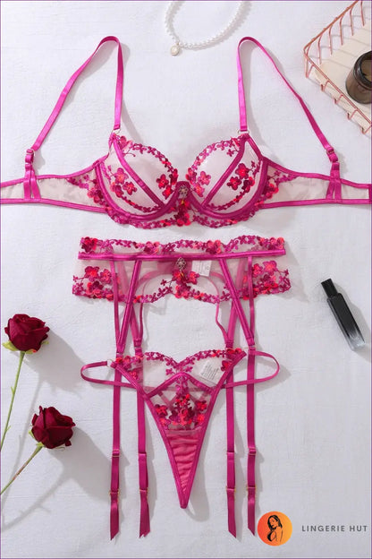 Embroidered Floral Mesh Lingerie Set - Worth a Second Look - Rose Red / s - Bra - Hut - Boudoir • Garter • Honeymoon