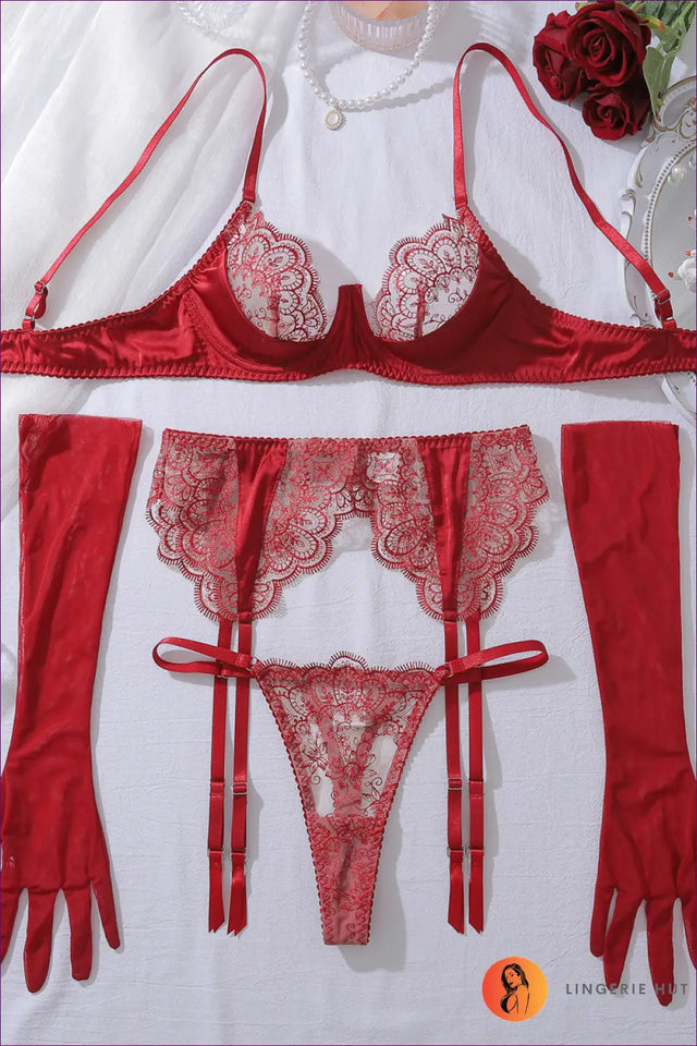 Embroidered Lace Bra Set with Garter - The Honeymoon Edit