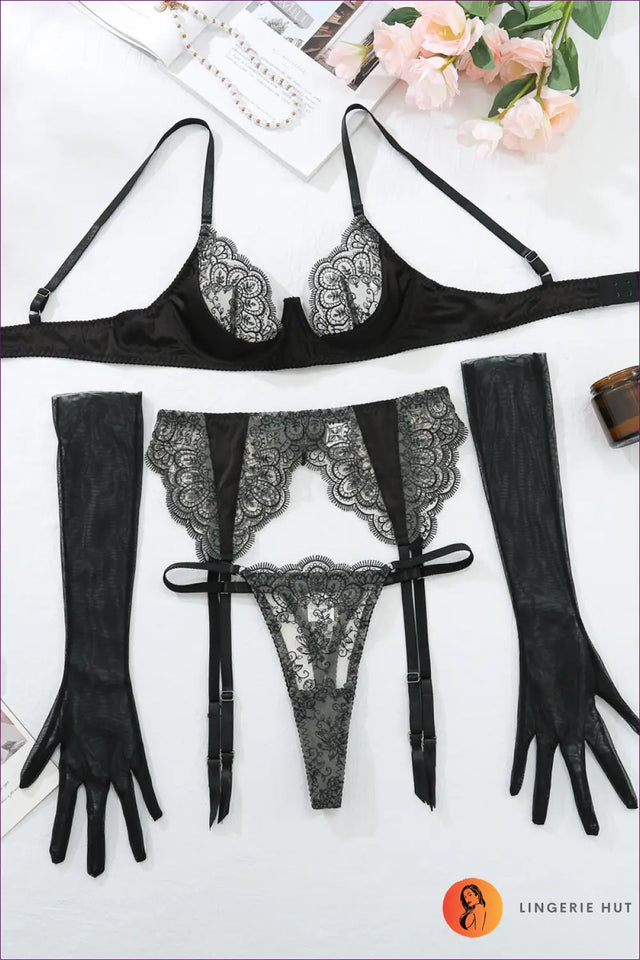 Embroidered Lace Bra Set with Garter - The Honeymoon Edit