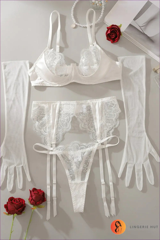 Embroidered Lace Bra Set with Garter - The Honeymoon Edit