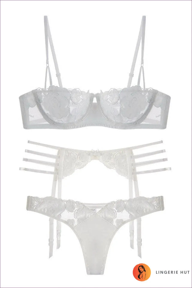 Embroidered Lace Bra Set With Garter Belt - The Honeymoon Edit