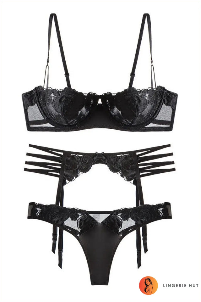 Embroidered Lace Bra Set With Garter Belt - The Honeymoon Edit