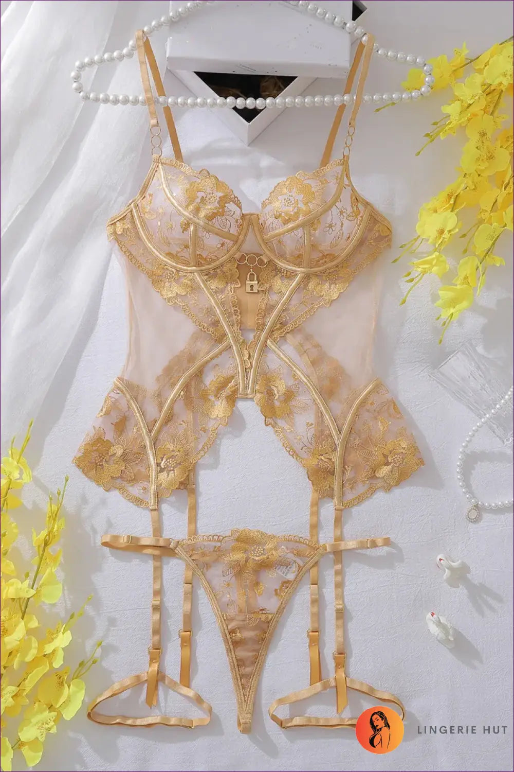 Embroidered Lace Bra Set with Garter Straps - Sophisticated Evenings - Gold / Xs - All Season • Boudoir • Cutout