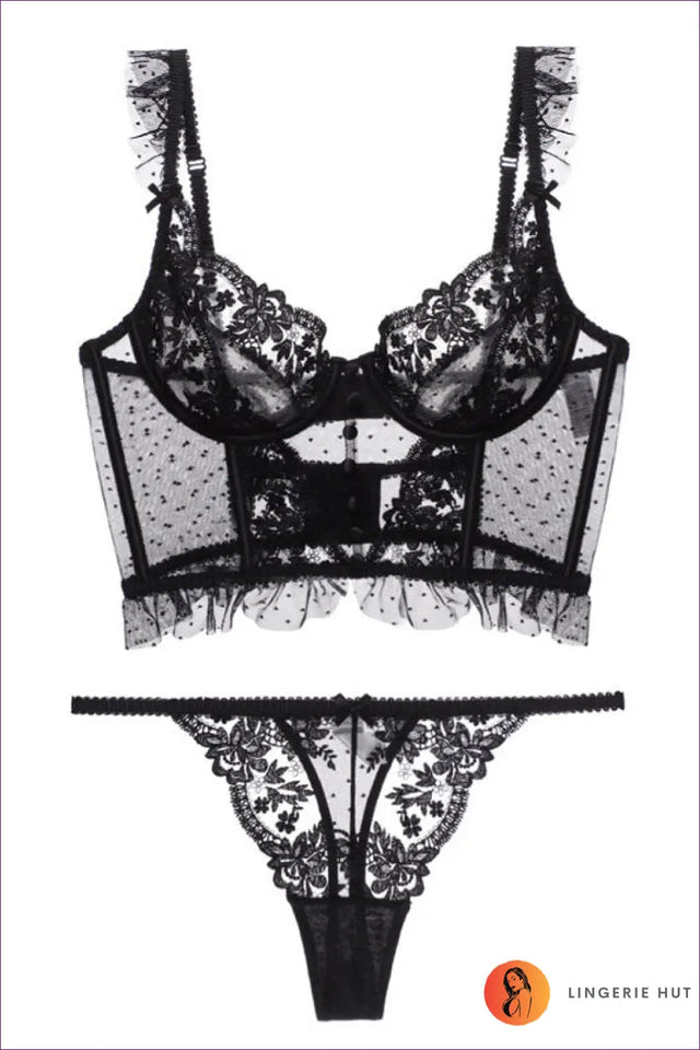 Embroidered Lace Bra Set with Polka Dot Mesh - The Honeymoon Edit