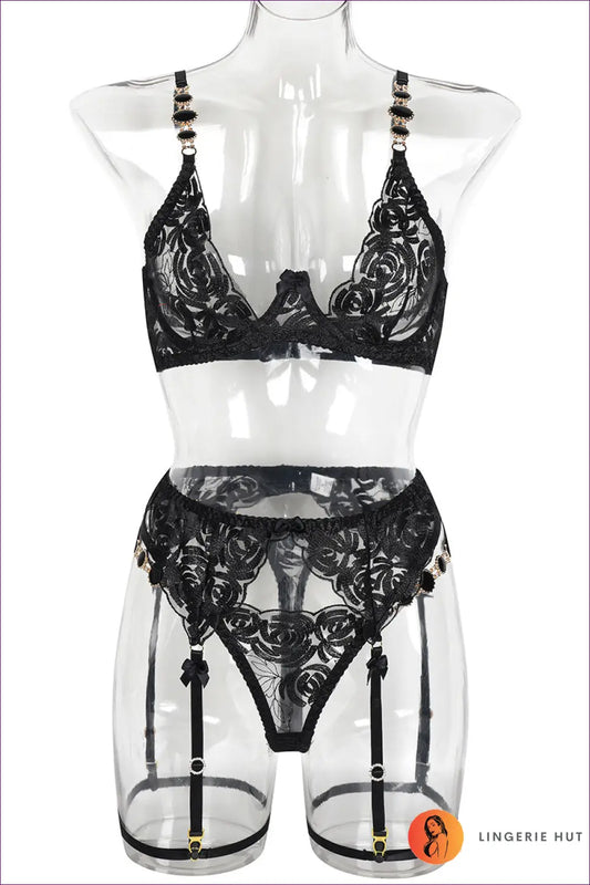 Embroidered Lingerie Bra Set with Garter - Timeless Boudoir Glamour - s / Black - Hut - All Season • Floral