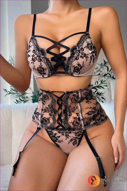 Embroidered Lingerie Set with Crisscross Waist - Artistic Statement for Boudoir, Bra Set, Corset, Date Night,