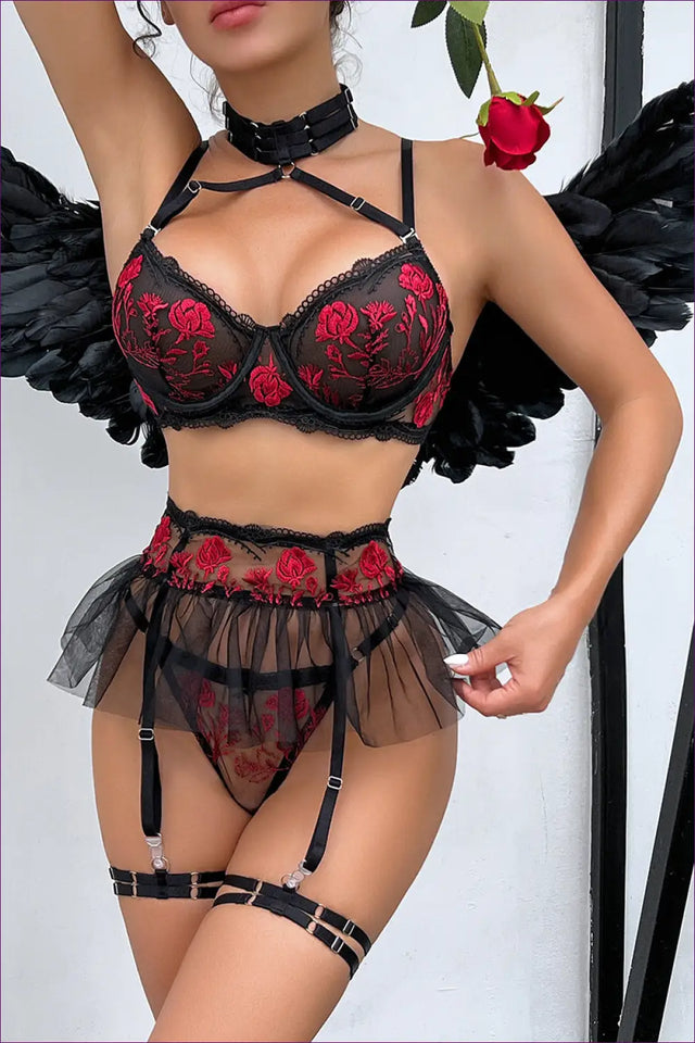 Embroidered Bra Set with Mesh Skirt - Theatrical Boudoir Mood
