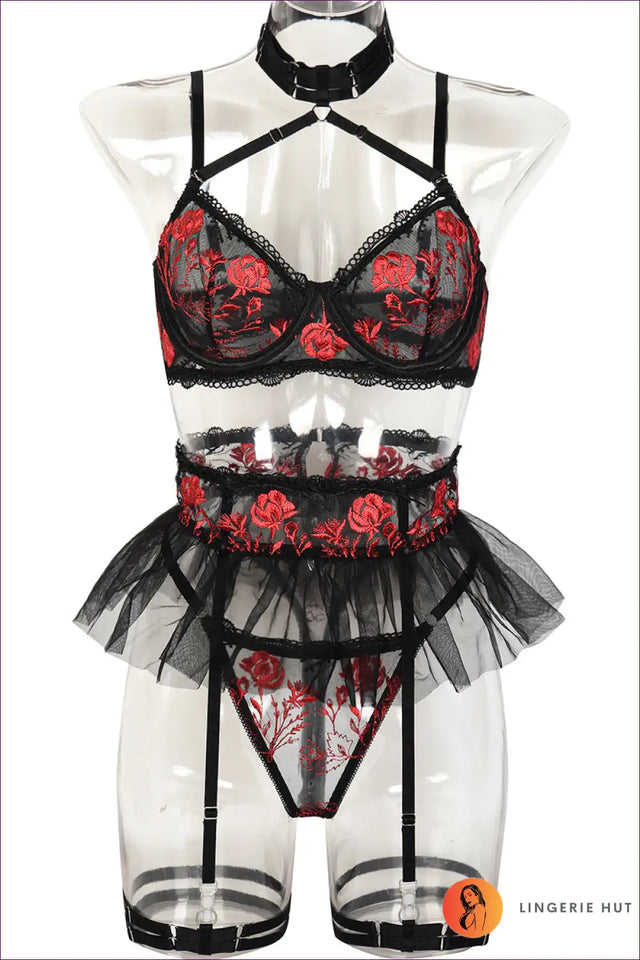Embroidered Bra Set with Mesh Skirt - Theatrical Boudoir Mood