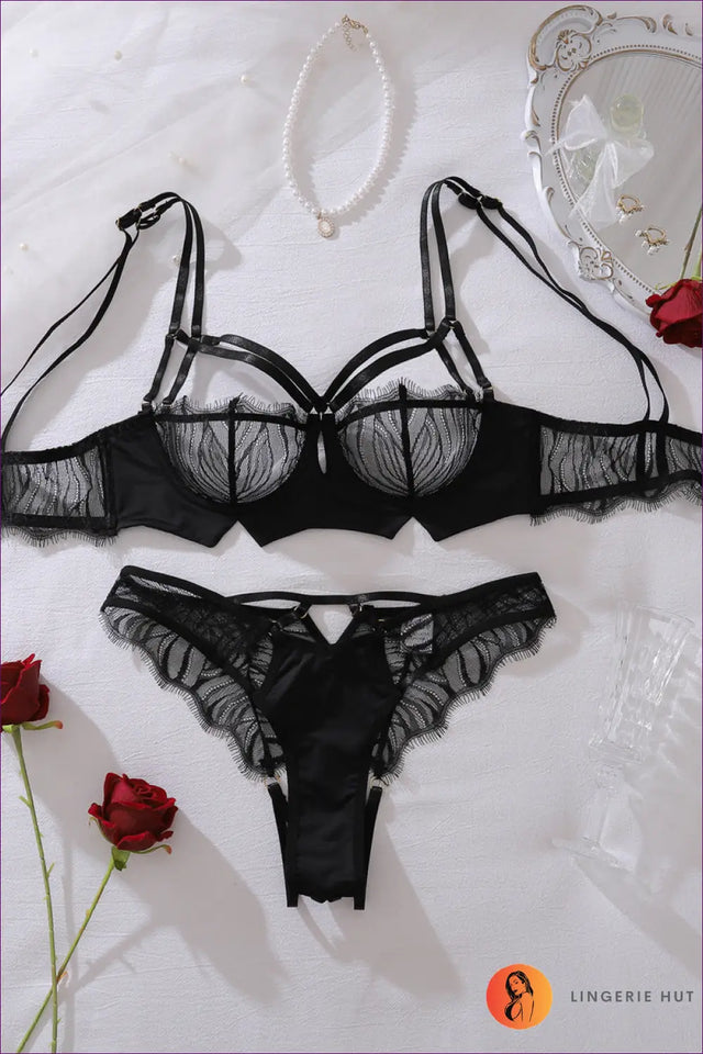 Embroidered Mesh Bra and Panty Set with Cutout Straps - Modern Romance