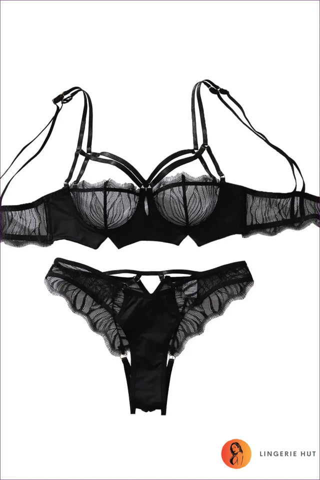Embroidered Mesh Bra and Panty Set with Cutout Straps - Modern Romance