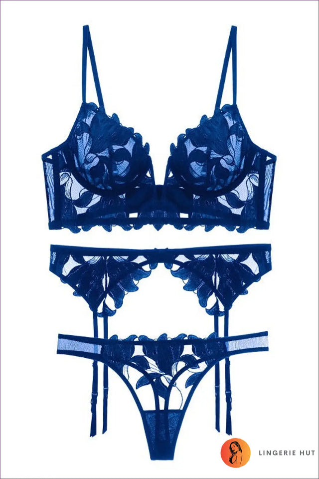 Embroidered Mesh Bra Set with Garter - The Boudoir Edit