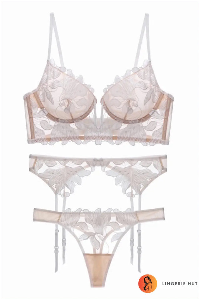 Embroidered Mesh Bra Set with Garter - The Boudoir Edit