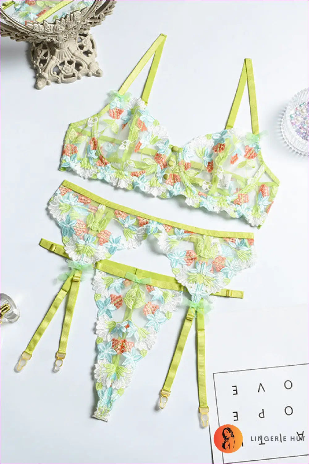 Embroidered Mesh Bra Set with Garter - Boudoir Elegance - Lingerie - Hut - Date Night • Floral