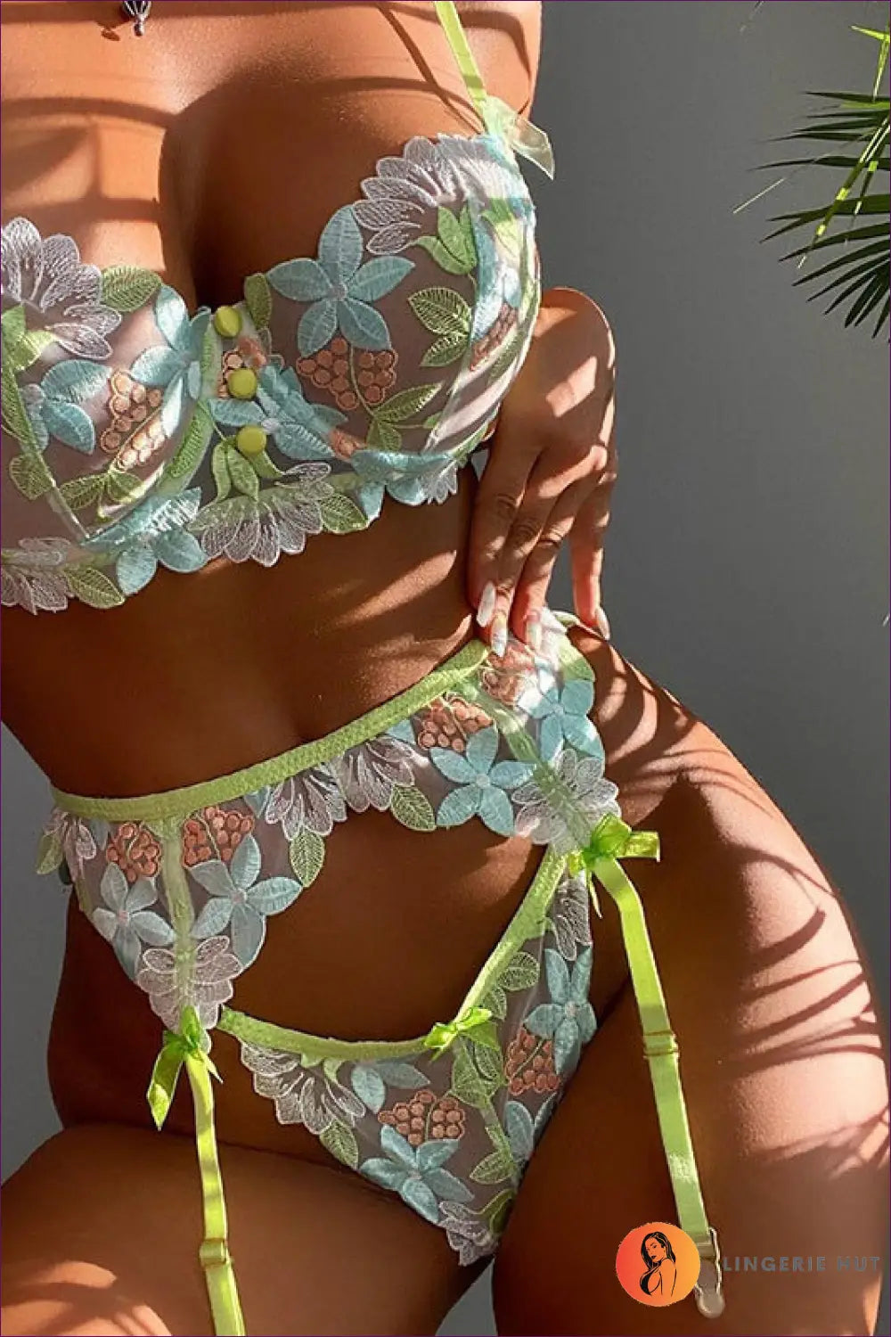 Embroidered Mesh Bra Set with Garter - Boudoir Elegance - Lingerie - Hut - Date Night • Floral