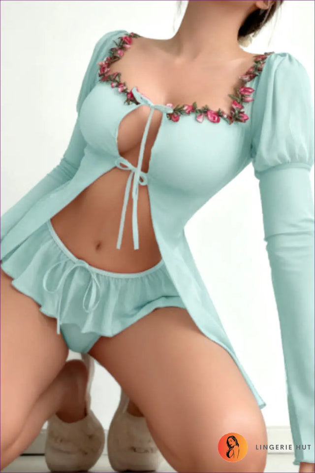 Embroidered Mesh Bra Set with Skirt Overlay - Boudoir Dreaming