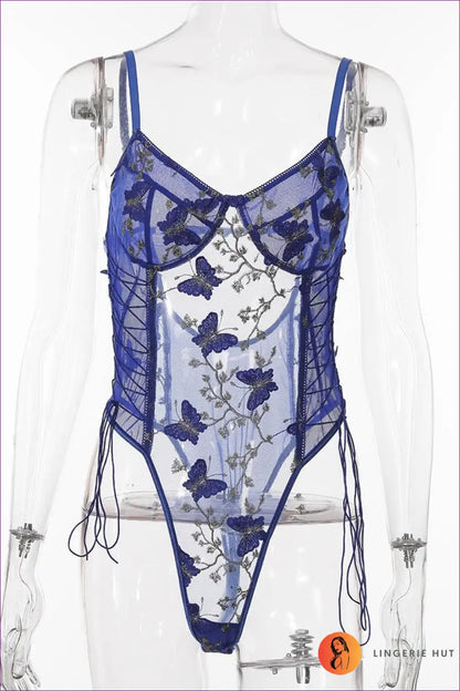 Embroidered Mesh Lace-up Teddy Bodysuit for Boudior, Date Night, Floral, Lingerie, Mesh