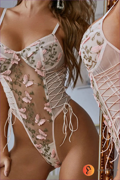 Embroidered Mesh Lace-up Teddy Bodysuit for Boudior, Date Night, Floral, Lingerie, Mesh