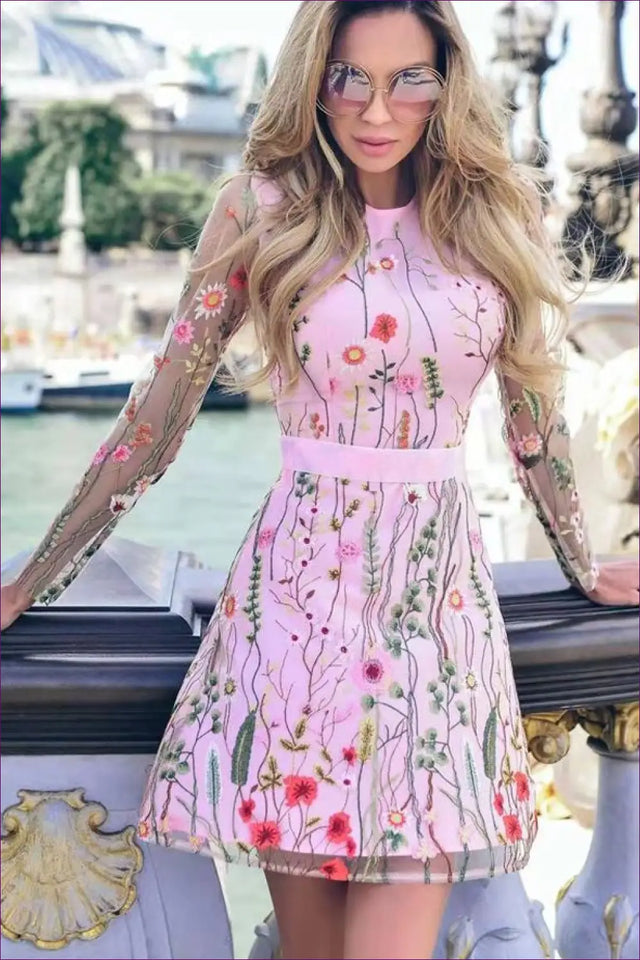Embroidered Mesh A-Line Dress with Long Sleeves - Garden Romance