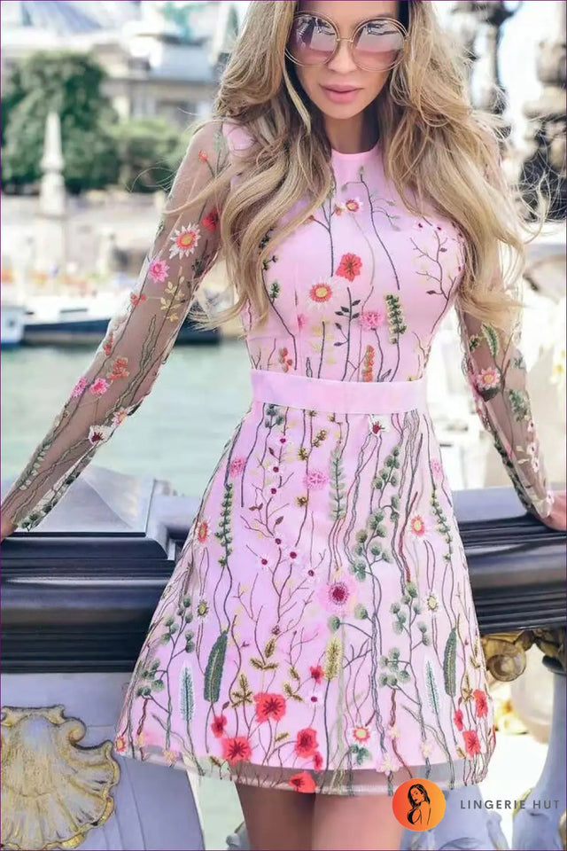 Embroidered Mesh A-Line Dress with Long Sleeves - Garden Romance