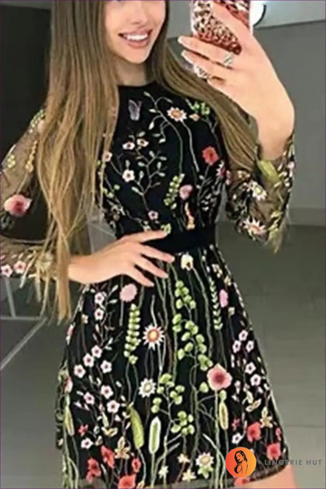 Embroidered Mesh A-Line Dress with Long Sleeves - Garden Romance