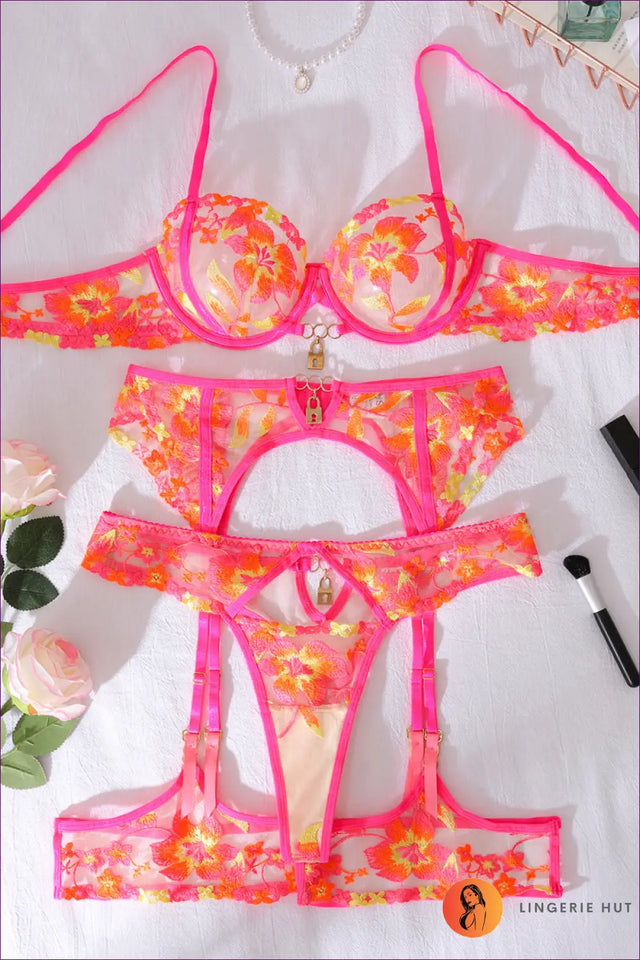 Embroidered Mesh Bra Set with Garter - Worth a Second Look