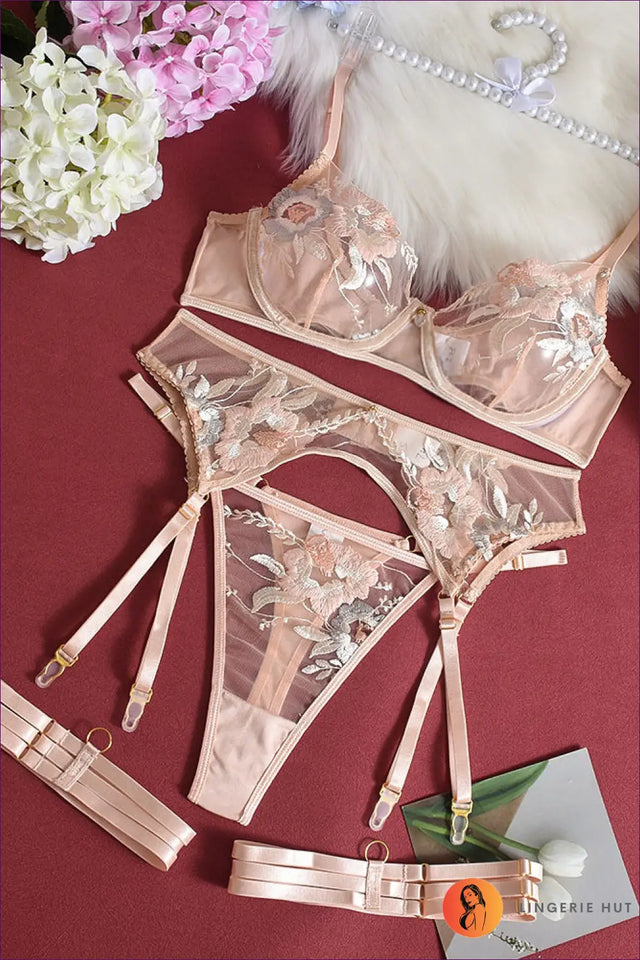 Embroidered Mesh Lingerie Set with Garter - The Honeymoon Edit