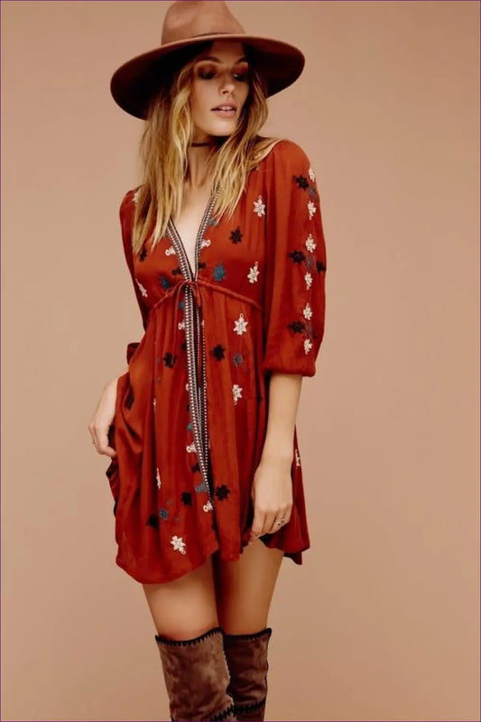 Embroidered Midi Dress - Effortless Boho Style - s / Red - Dresses - Lingerie Hut - A-line • Casual • Chiffon